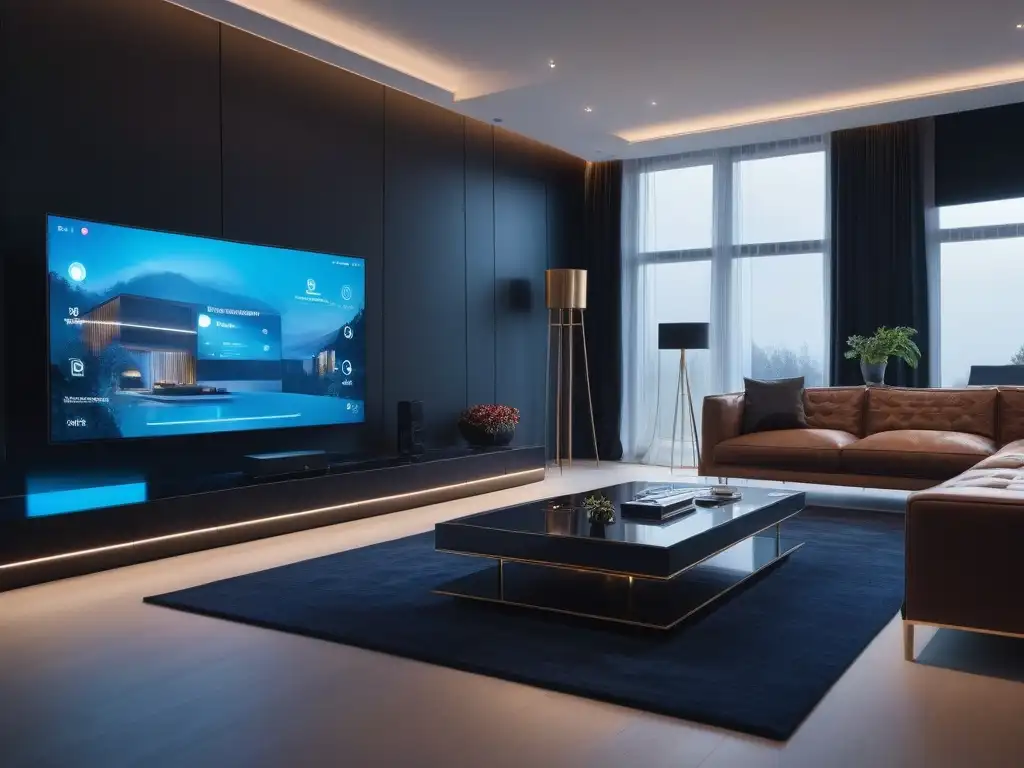 Smart Home de Lujo: Automatización Futurista Integrada Escena lujosa de automatización hogar con gadgets futuristas integrados en un salón moderno