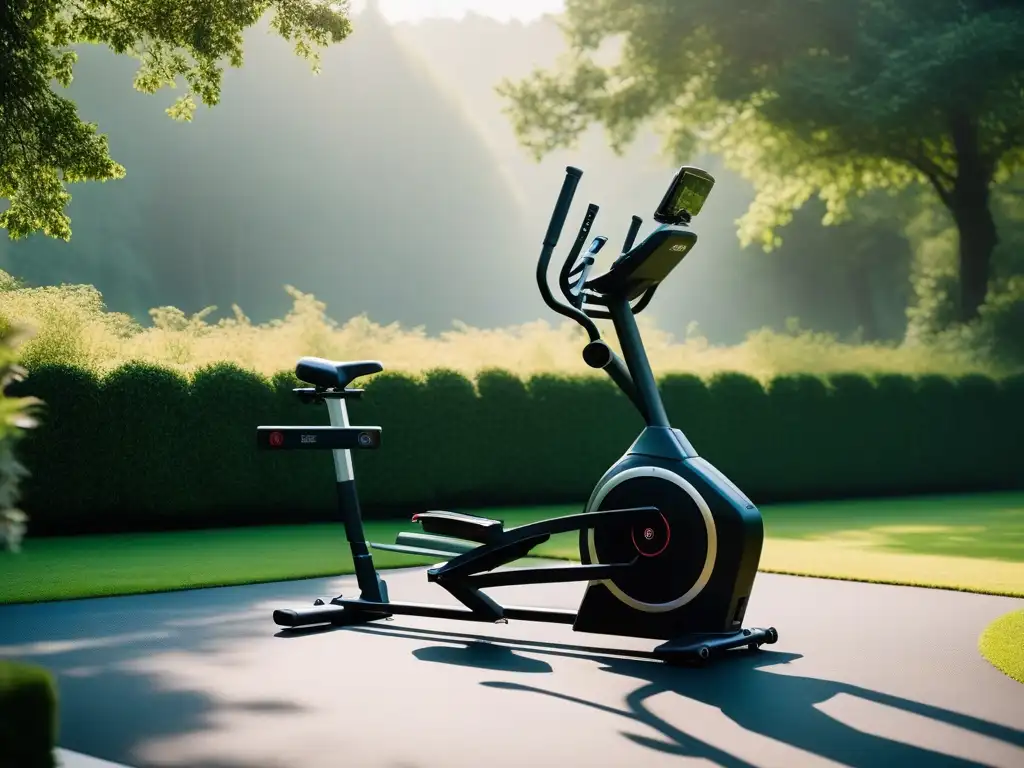 Gimnasio al aire libre de lujo en jardín elegante Escena de un lujoso gimnasio al aire libre en un jardín, con equipamiento fitness de lujo y paisaje elegante al atardecer