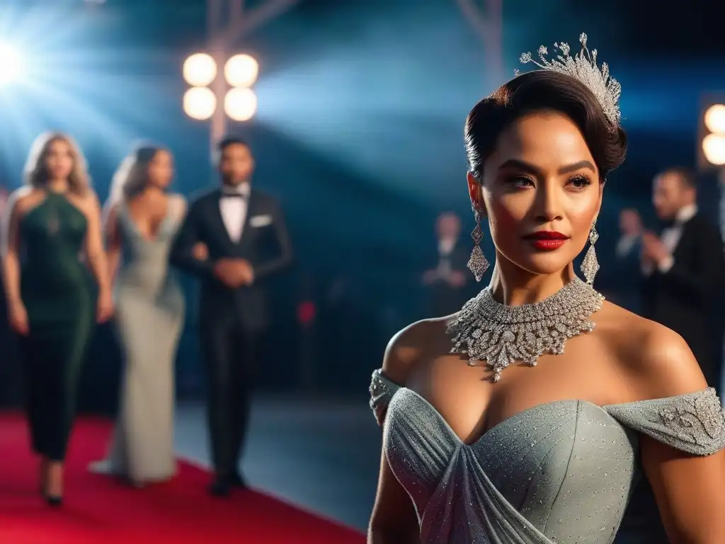 Desfile de moda inclusiva en alfombra roja con actores diversos Una escena de moda inclusiva en cine y TV: actores de diversas etnias, habilidades y cuerpos, elegantes en alfombra roja