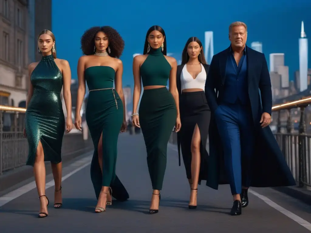Una escena de moda inclusiva para todos los cuerpos con modelos diversos luciendo prendas de Michael Kors en una elegante calle urbana al anochecer
