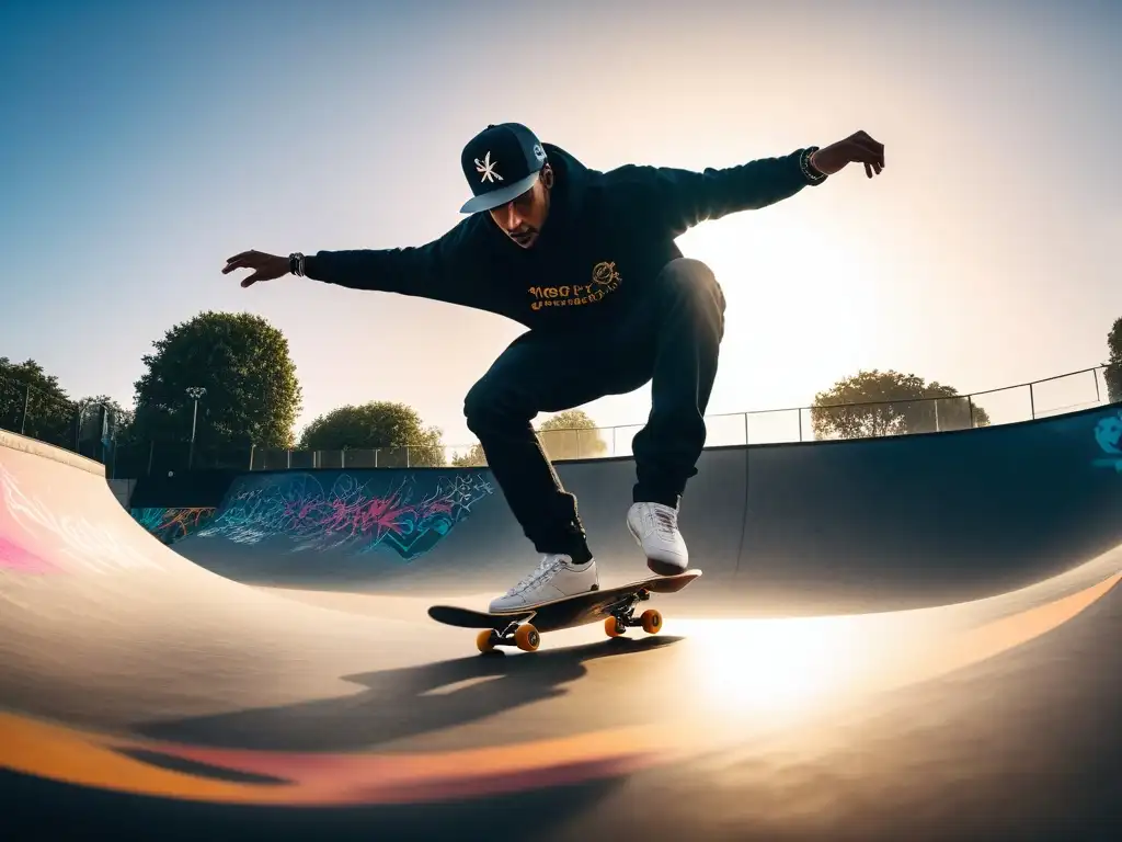 Skatepark inclusivo: diversidad y empoderamiento sobre ruedas Una escena de skateboarding inclusivo en un parque futurista con graffiti vibrante al atardecer