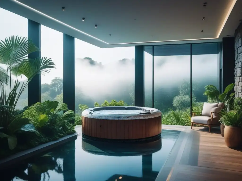 Exclusivo spa con jacuzzi cristalino y plantas exuberantes Escena de spa lujoso con jacuzzi, plantas verdes y luces suaves