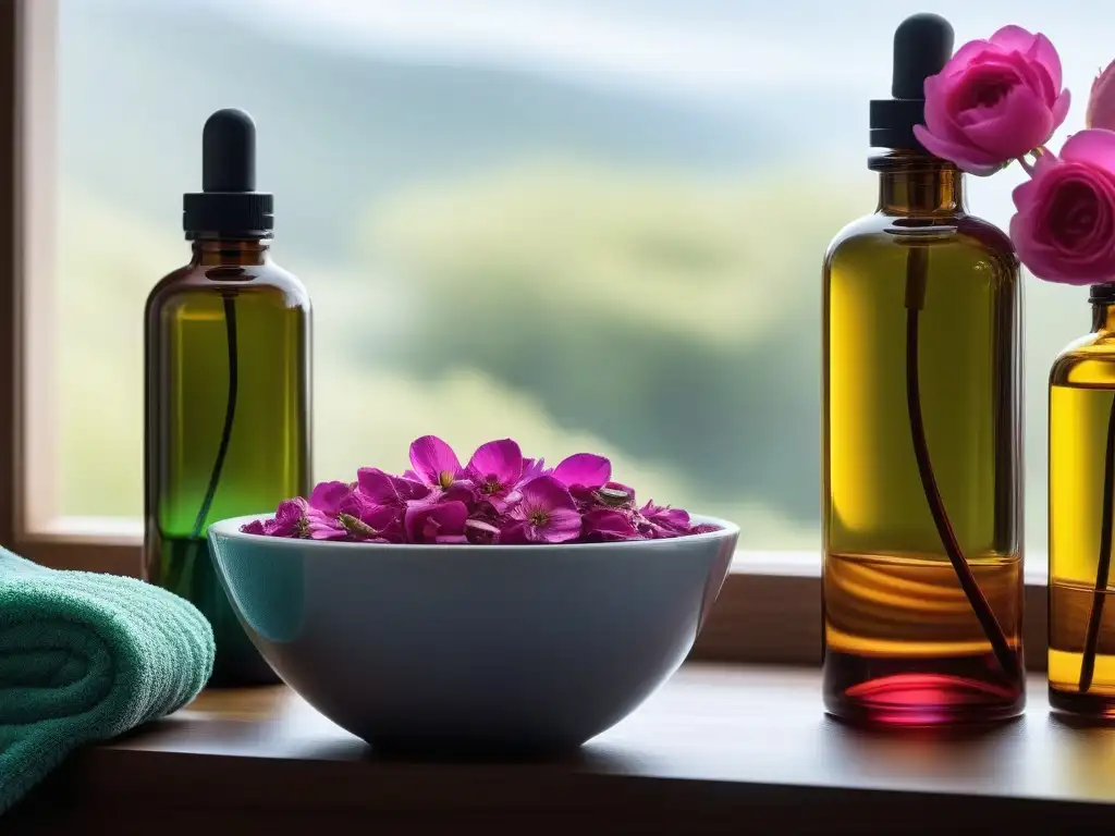 Spa moderno con esenciales: tranquilidad y sofisticación Escena de spa sereno con aceites esenciales y accesorios lujosos
