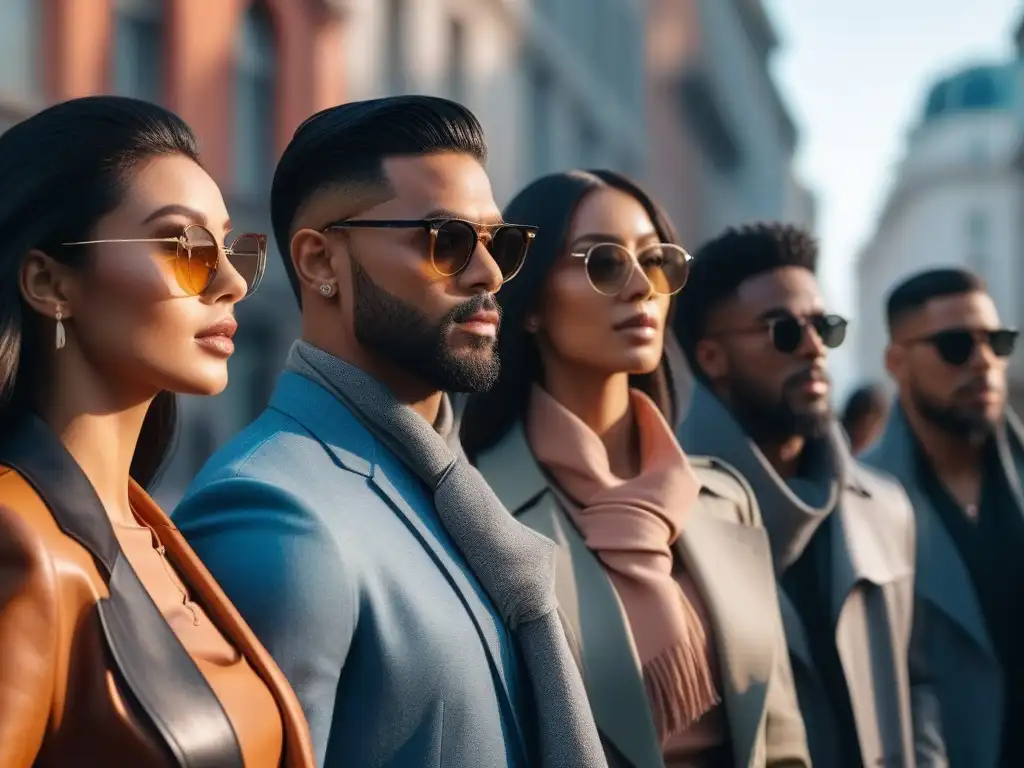 Gafas de sol inclusivas en una diversidad urbana Una escena urbana chic con personas diversas luciendo con confianza gafas de sol inclusivas de alta gama