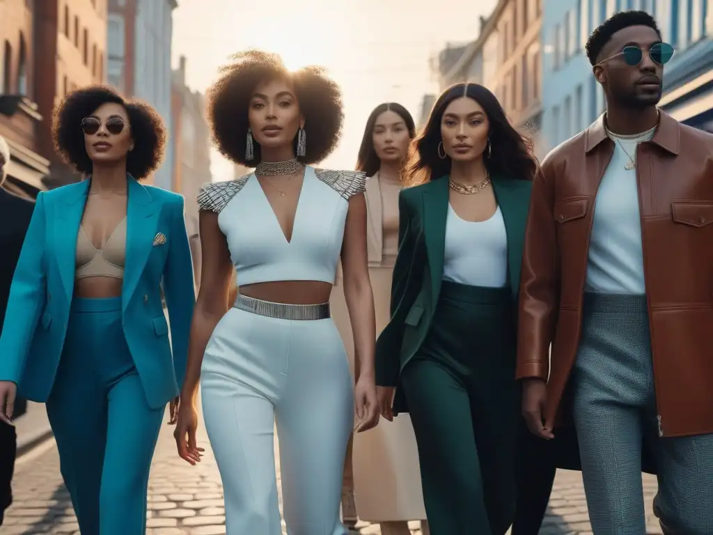 Moda sostenible: diversidad y estilo urbano en armonía Una escena urbana con diversidad de personas vistiendo moda inclusiva y sostenible, caminando juntas en armonía al atardecer
