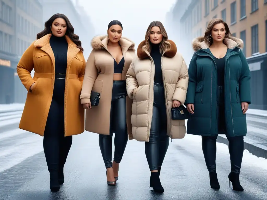Moda urbana: Plussize models lucen abrigos de invierno en la ciudad Una escena urbana de moda invernal con modelos plus size luciendo diversos estilos de abrigos, perfectos para el invierno