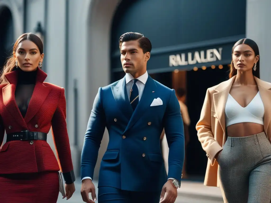 Elegancia diversa: moda urbana de Ralph Lauren para todos Una escena urbana moderna con un grupo diverso vestido con estilo Ralph Lauren, reflejando la moda inclusiva para todos los cuerpos