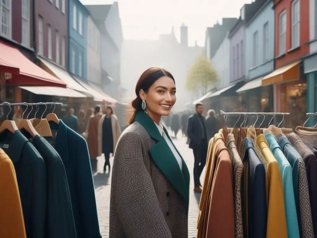 Moda sostenible: shopping eco en la ciudad Escena urbana vibrante con moda ecoconsciente: shoppers felices exploran ropa de segunda mano en tienda de segunda mano trendy