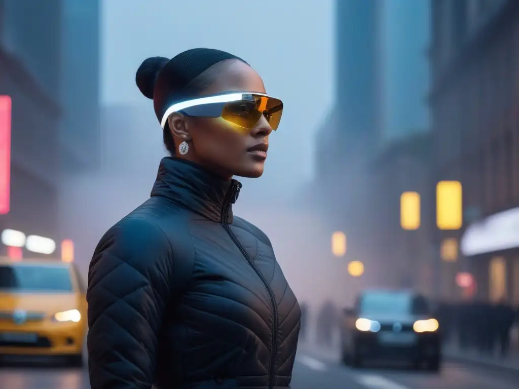Escena urbana de moda tech premium: diversidad musical en 8k Una escena urbana vibrante con personas de moda inclusiva y wearables premium, fusionando tecnología y estilo en la ciudad
