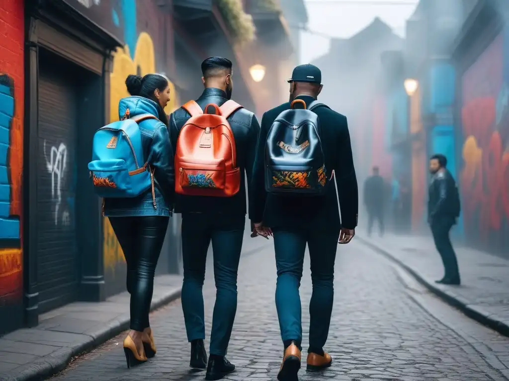 Estilos urbanos: diversidad y lujo en mochilas de moda Una escena vibrante en la ciudad, personas de diversas edades y etnias lucen mochilas de lujo con estilo único