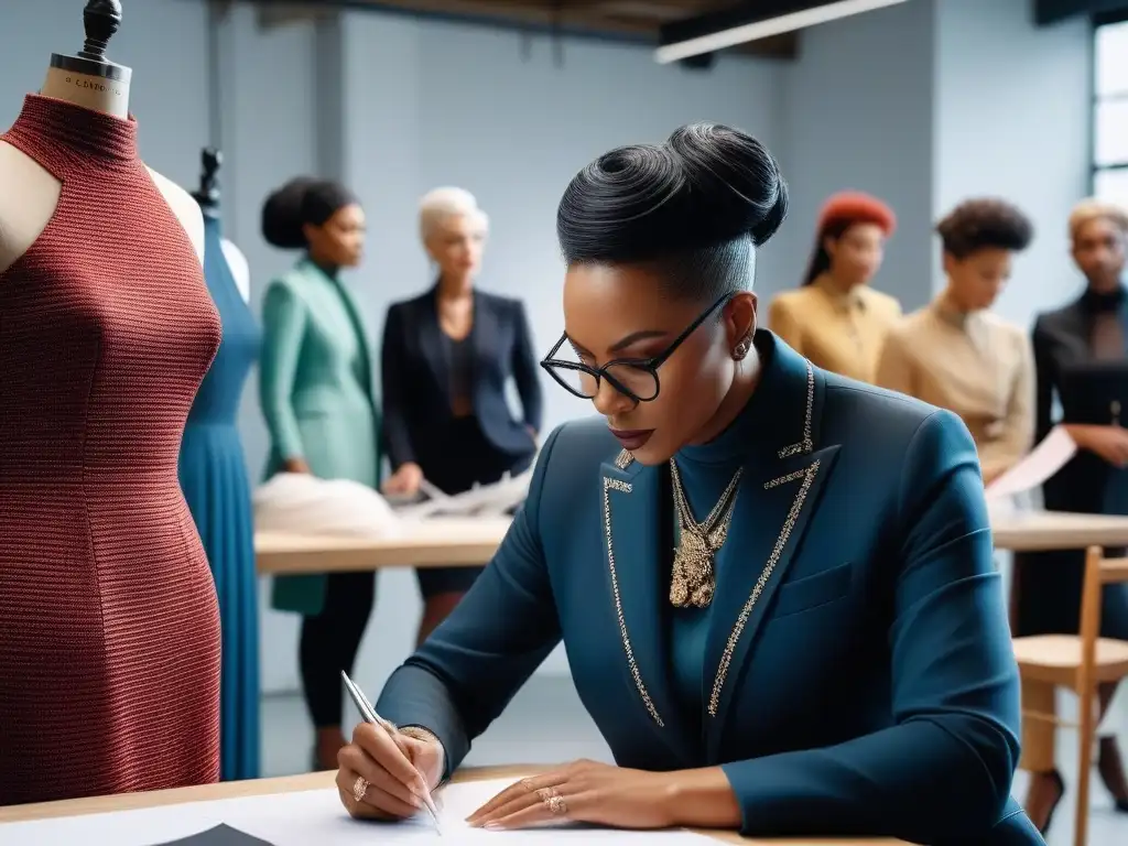 Diseñadores de moda creativos en un estudio inclusivo y vibrante Una escena vibrante de diseñadores de moda diversos colaborando en un estudio moderno, destacando la producción de moda inclusiva soluciones