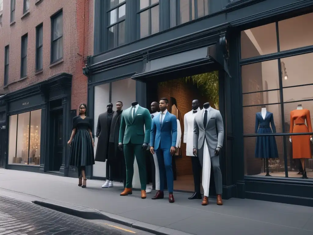 Moda inclusiva en NYC: diversidad en la pasarela urbana Una escena vibrante y diversa de modelos en ropa inclusiva frente a una boutique chic en NYC