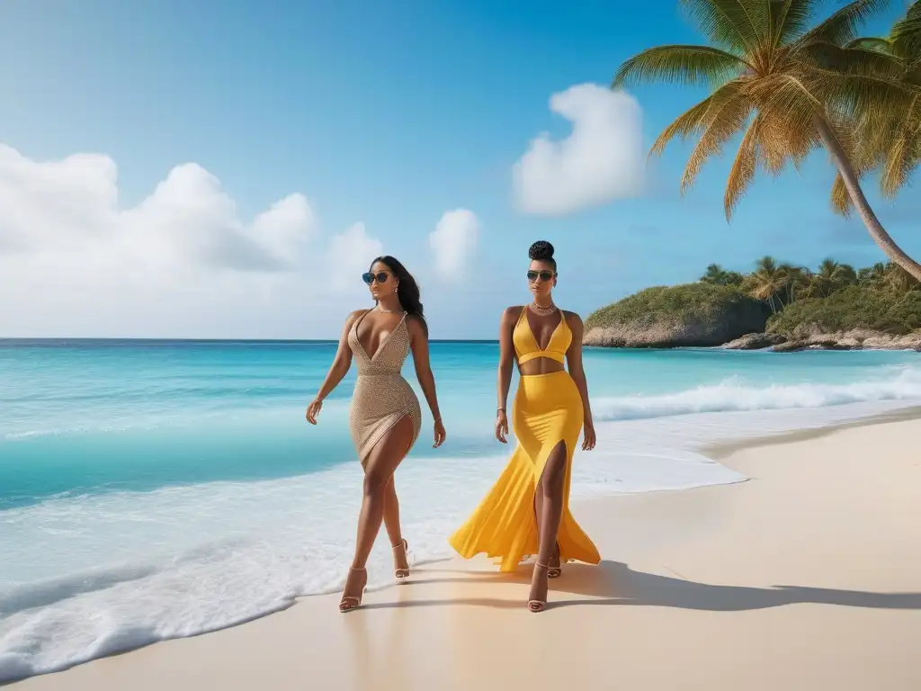 Fashion inclusiva en el Caribe: diversidad, empoderamiento y belleza Una escena vibrante y moderna de moda inclusiva para todos los cuerpos en una playa caribeña al atardecer