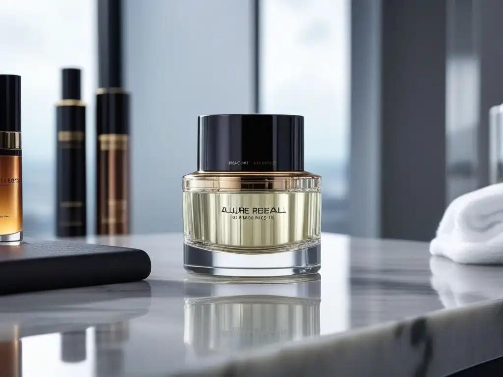 Productos de belleza de lujo: glamour y sofisticación en alta resolución Un escenario de belleza y lujo con productos elegantes sobre mármol, irradiando glamour y prestigio