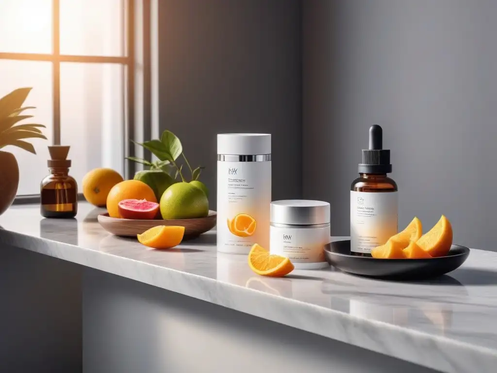 Rutina de belleza premium: colágeno, vitamina C y omega-3 Un escenario elegante de suplementos para piel sana belleza en un tocador de mármol, con luz natural resaltando su calidad premium