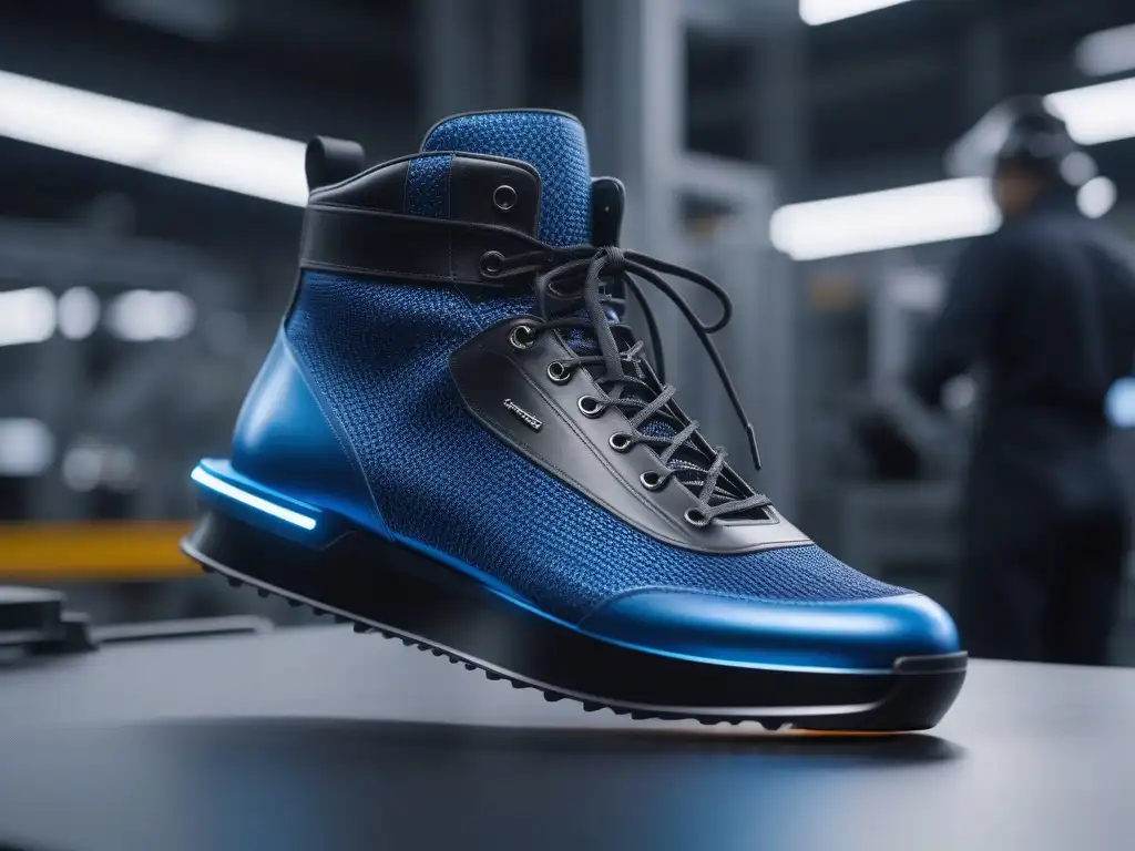 Planta futurista de zapatos inteligentes: innovación y tecnología en acción Un escenario futurista donde robots crean zapatos inteligentes con tecnología innovadora en una planta de calzado