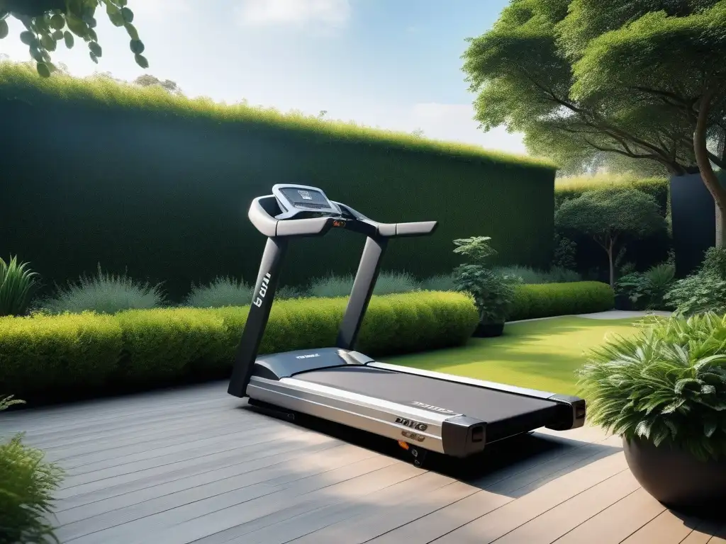 Gimnasio al aire libre de lujo en jardín elegante Escenario de lujo en jardín con equipamiento fitness de alta gama, transmitiendo sofisticación y tranquilidad