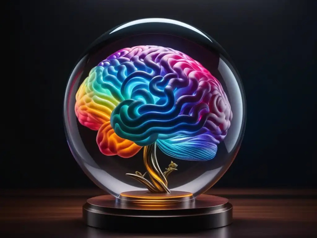 Escultura de vidrio cerebral con colores neón Escultura de vidrio en forma de cerebro futurista con colores neón, iluminada desde dentro