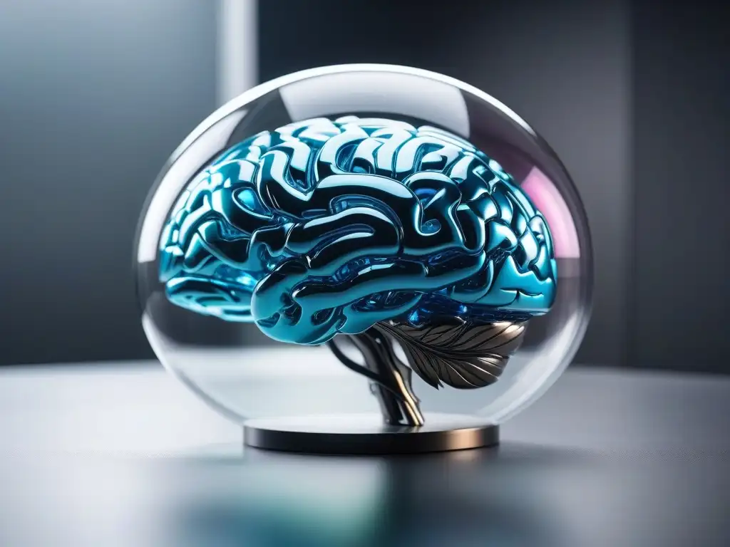 Escultura cerebral futurista: potencia mental y claridad en el trabajo Escultura de vidrio futurista cerebro, colores vibrantes, espacio de trabajo tecnológico, figura enfocada