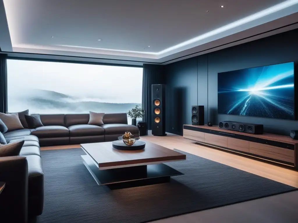 Sala de entretenimiento de lujo con sistema de sonido de alta gama Espacio de entretenimiento moderno con sistemas de sonido de última generación en ambiente elegante y sofisticado
