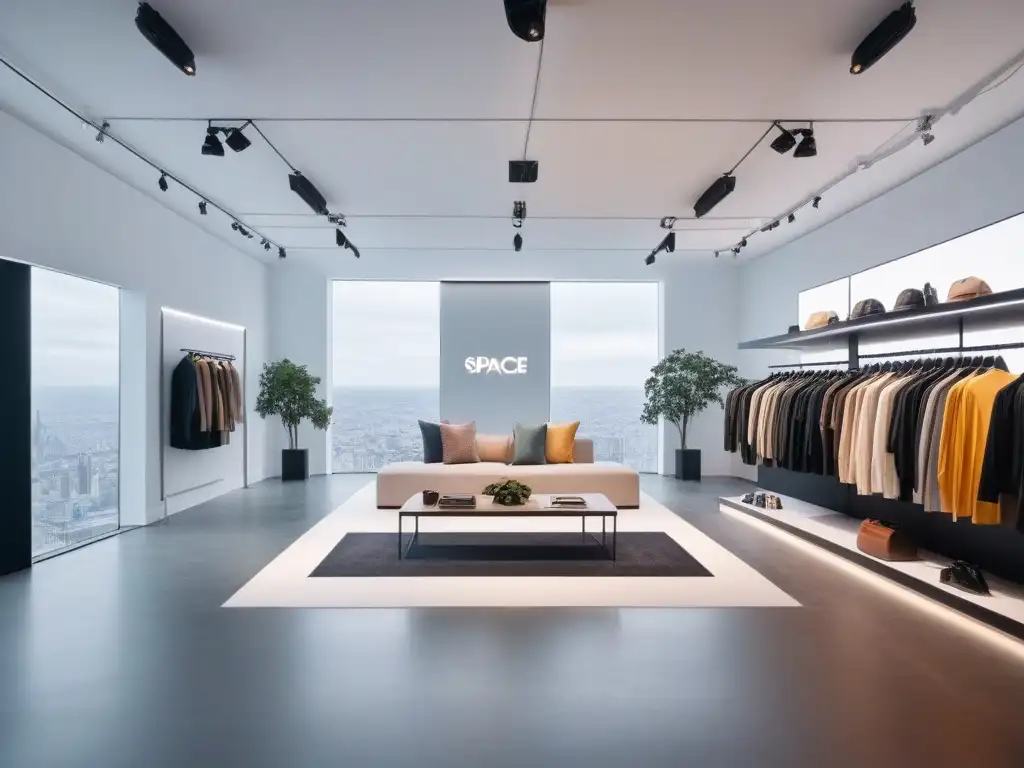 Espacio pop-up de moda exclusiva: elegancia y sofisticación Un espacio de eventos de moda para marcas con diseño elegante y minimalista, exhibiendo ropa de moda y ambiente exclusivo