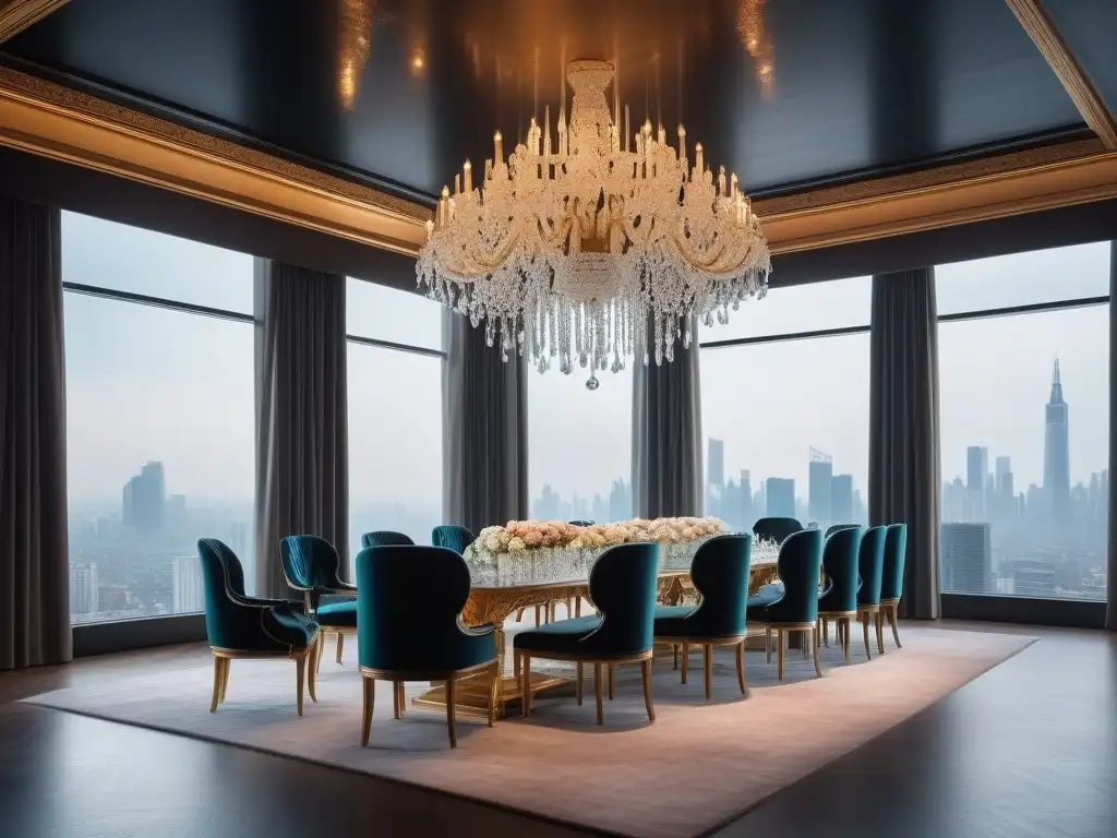 Espacio de eventos de lujo con vista a la ciudad Espacio de eventos moderno y lujoso con accesorios de alta gama, chandeliers de cristal y vista a la ciudad de noche