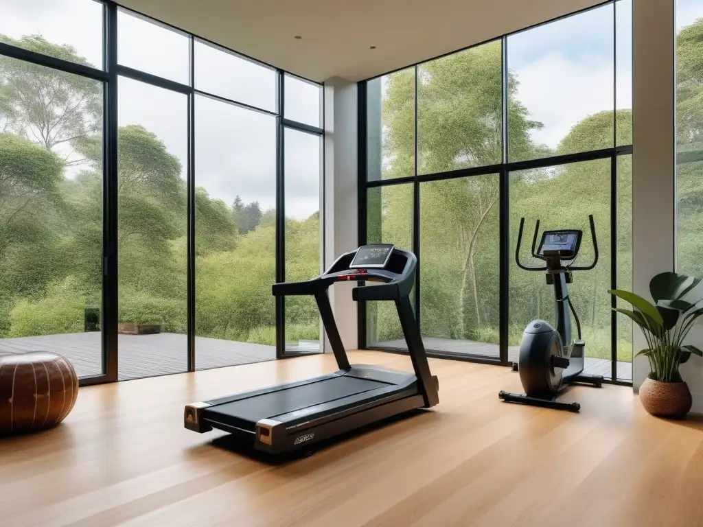 Gimnasio ecofriendly: lujo y sostenibilidad en casa Un espacio fitness ecoamigable en casa con equipo de bamboo, cinta de correr de caucho reciclado y luces LED eficientes