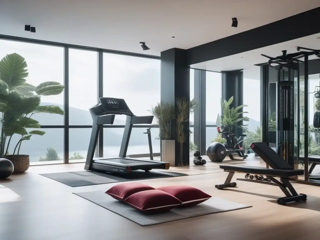 Exclusivo gimnasio en casa: equipo de lujo y comodidades elegantes Un espacio fitness de lujo en casa con equipo moderno y elegante, minibar de proteínas y toallas de lujo