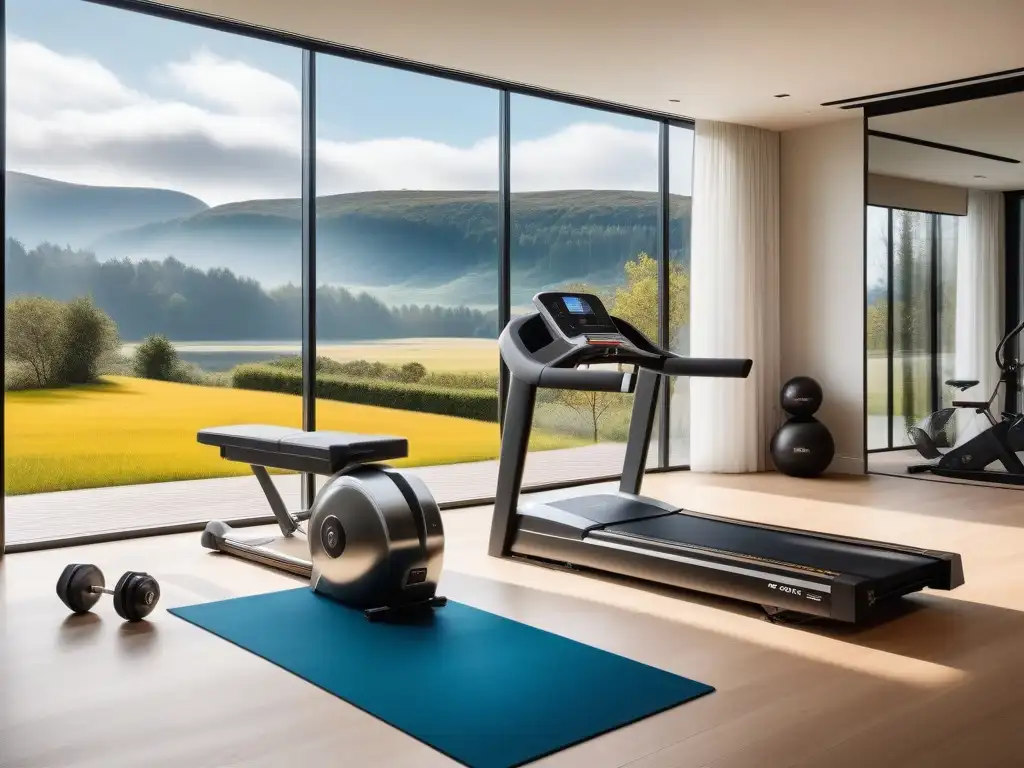 Diseño lujoso de gimnasio en casa de alta gama Un espacio fitness de lujo con un equipamiento de última generación en una habitación luminosa de diseño minimalista y vistas panorámicas