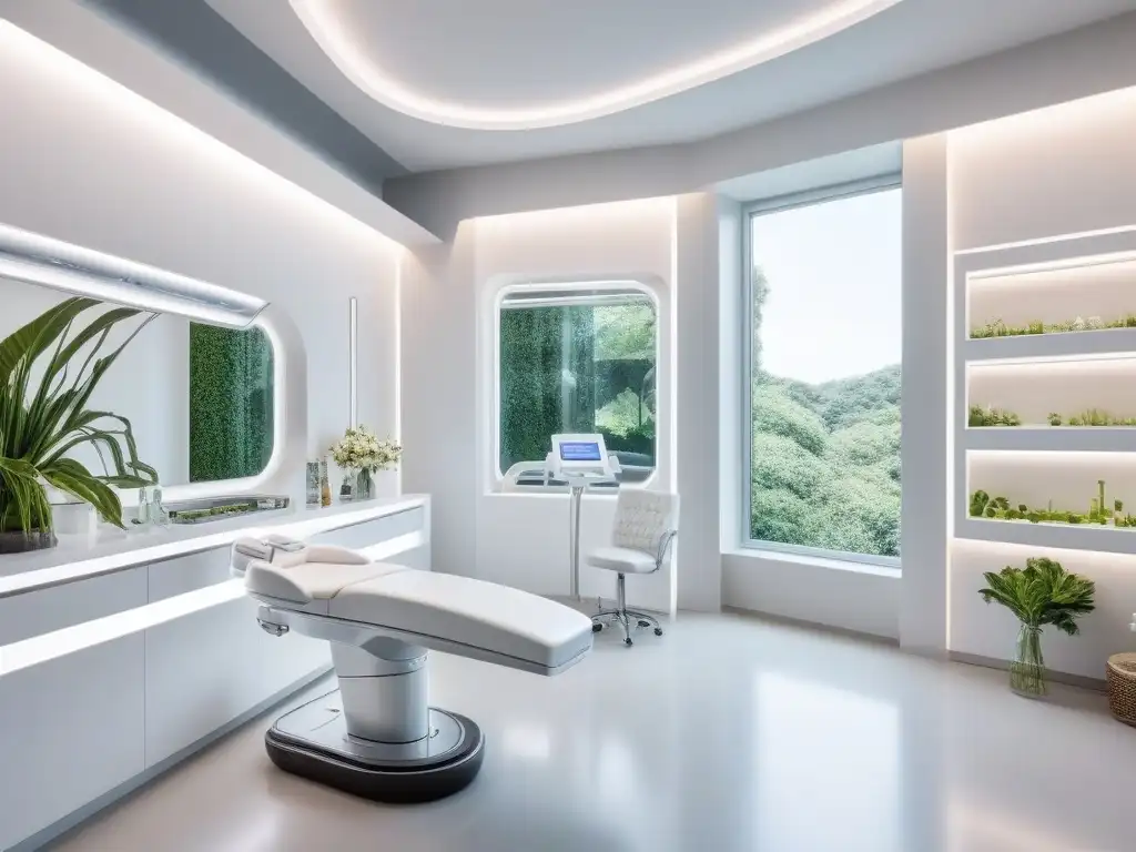 Salón futurista de rejuvenecimiento con tecnología avanzada y ambiente sereno Un espacio futurista para tratamientos antiedad con tecnología de vanguardia y una atmósfera serena