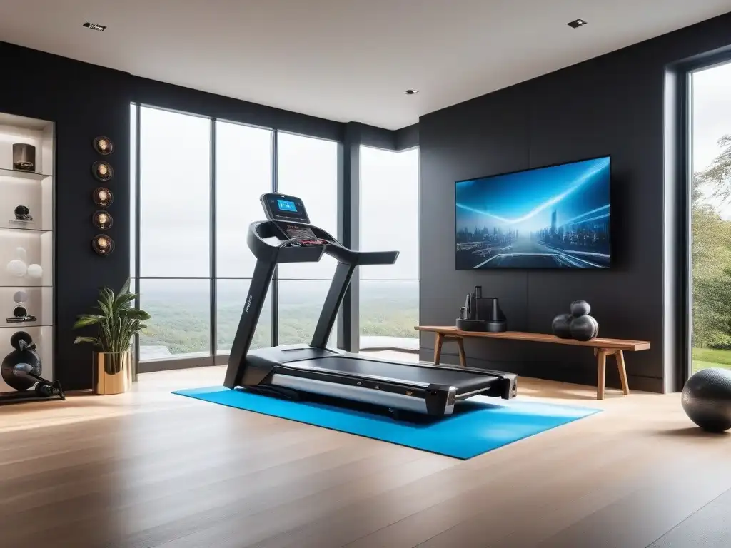 Estudio de gimnasio de lujo: diseño futurista y motivador Un espacio de gimnasio en casa de lujo con equipamiento de fitness de lujo, iluminación ambiental y diseño futurista