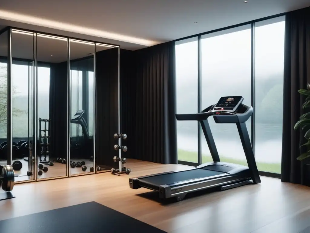 Espacio fitness de lujo: moderno y sofisticado Un espacio de gimnasio en casa de lujo con equipamiento fitness de alta gama para recuperación postentrenamiento