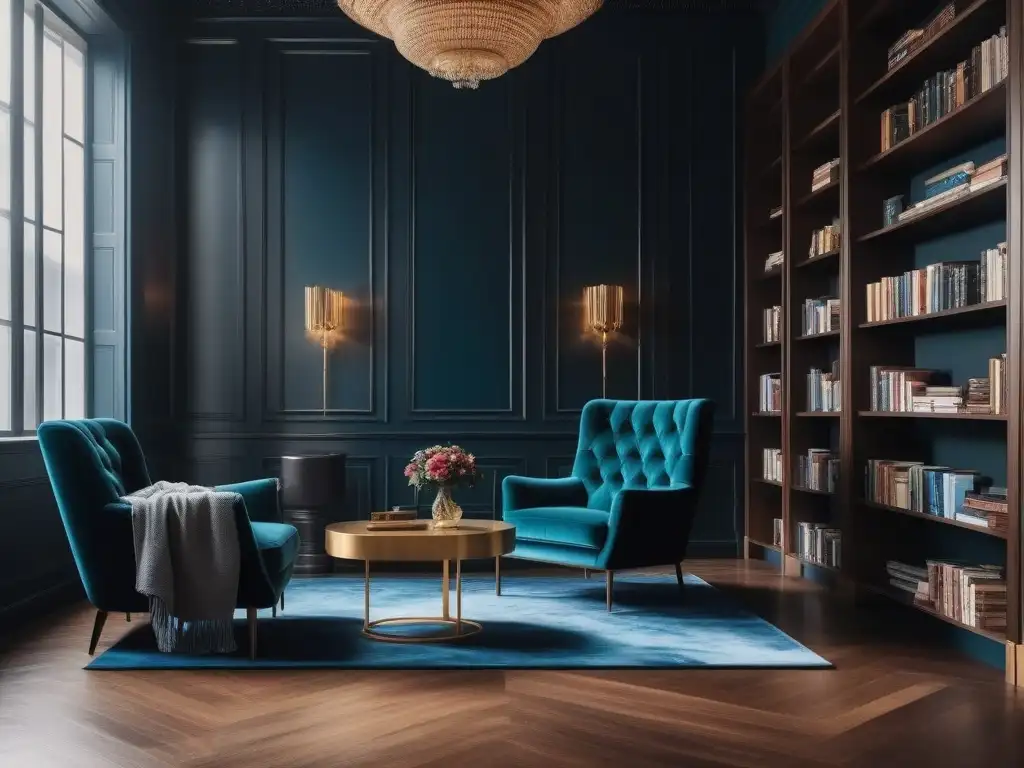 Biblioteca de lujo con estanterías de madera oscura y libros por color Un espacio de lectura moderno y lujoso con mobiliario de diseño para biblioteca, libros organizados por color y detalles elegantes