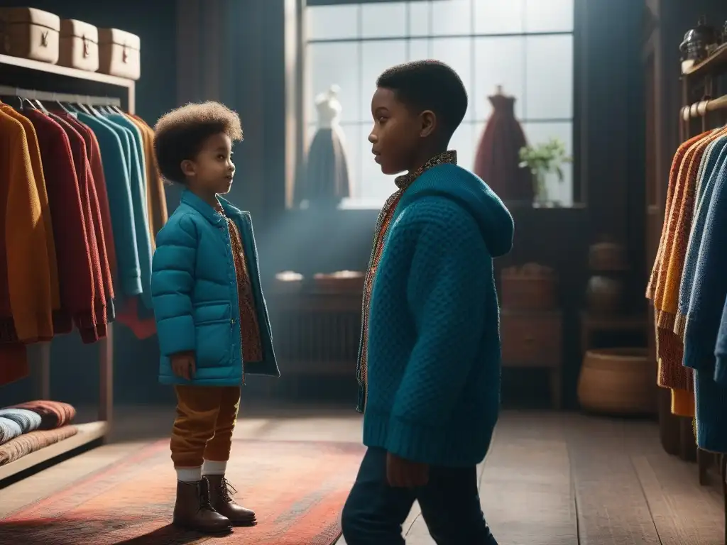 Niños felices en sala de ropa sostenible, diversa y colorida Un espacio lleno de moda sostenible para niños diversidad, donde juegan felices entre coloridas prendas éticas