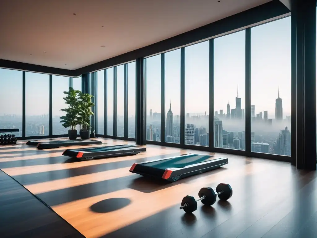 Gimnasio de lujo con equipamiento moderno y vistas urbanas Espacio fitness de lujo en casa con equipamiento de última generación y vista a la ciudad