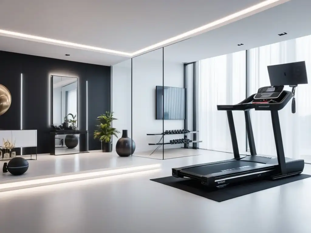 Home gym de lujo: diseño minimalista con equipamiento fitness de vanguardia Espacio fitness de lujo en casa con equipamiento de última generación para espacios pequeños