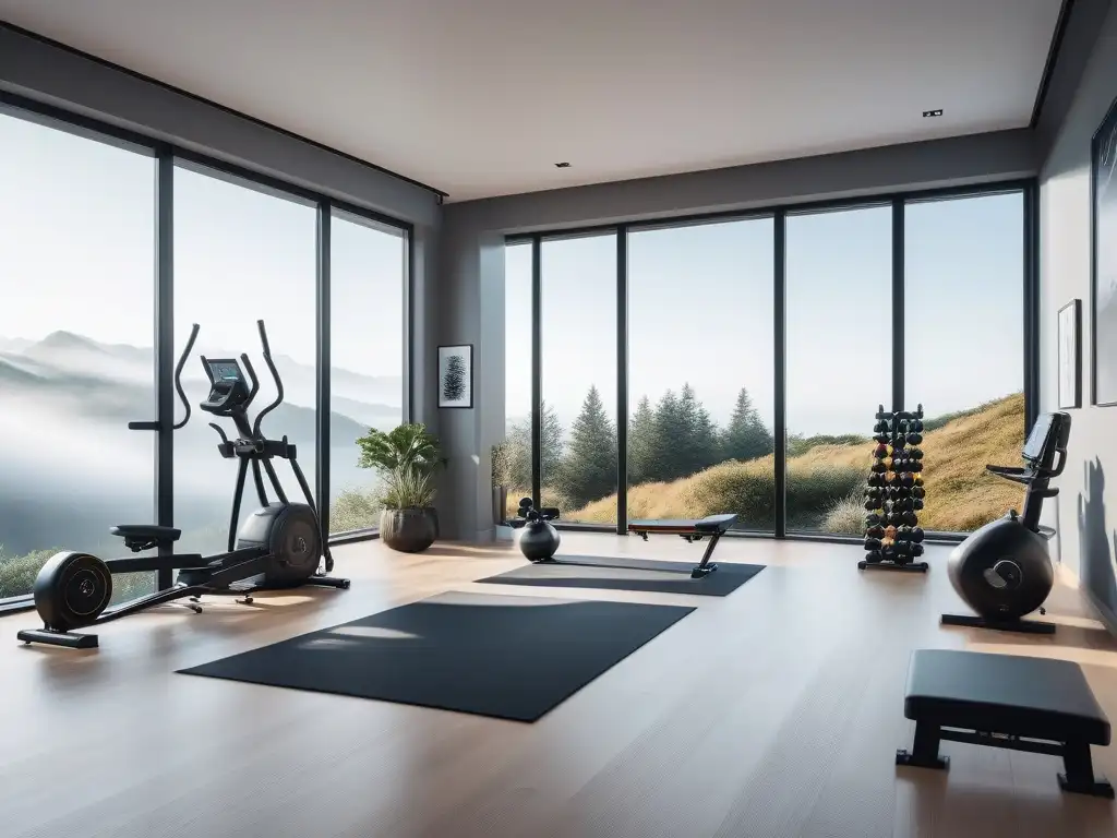 Espacio fitness de lujo: 8k con equipamiento premium y motivación Espacio fitness de lujo en casa con equipamiento exclusivo y diseño minimalista iluminado por luz natural
