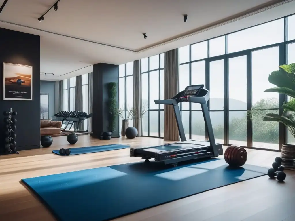 Gimnasio en casa de lujo: Equipamiento premium y diseño elegante Espacio fitness de lujo en casa con equipamiento premium y diseño elegante bañado por luz natural
