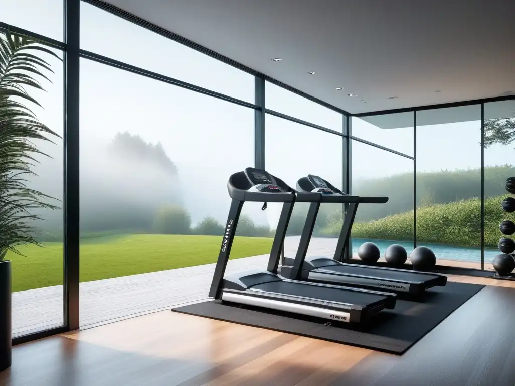 Espacio fitness de lujo con equipamiento moderno y vistas al jardín Espacio fitness de lujo en casa con equipamiento moderno y vista a jardín exuberante