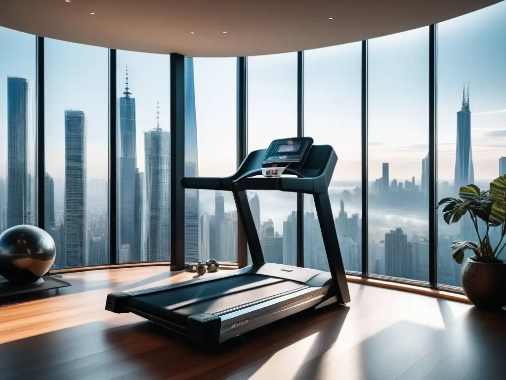 Espacio fitness de lujo con vista panorámica y diseño moderno Espacio fitness lujo en casa con equipamiento moderno y vista panorámica de la ciudad