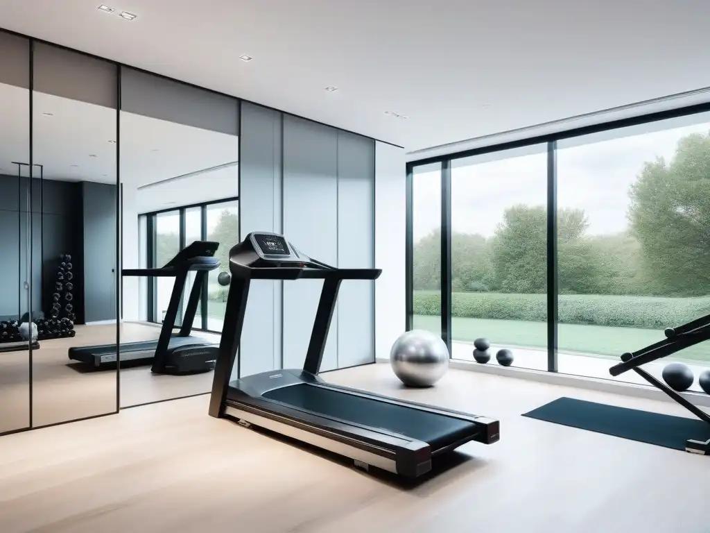 Gimnasio de lujo con equipamiento de alta gama y diseño elegante Espacio fitness de lujo en casa con equipamiento moderno y elegante