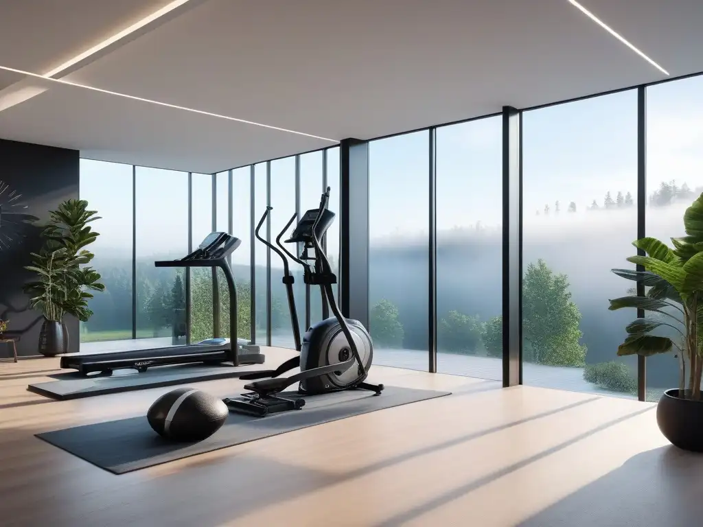 Espacio fitness lujoso y moderno en casa Espacio fitness de lujo en casa con equipo moderno, espejos y ventanales iluminados