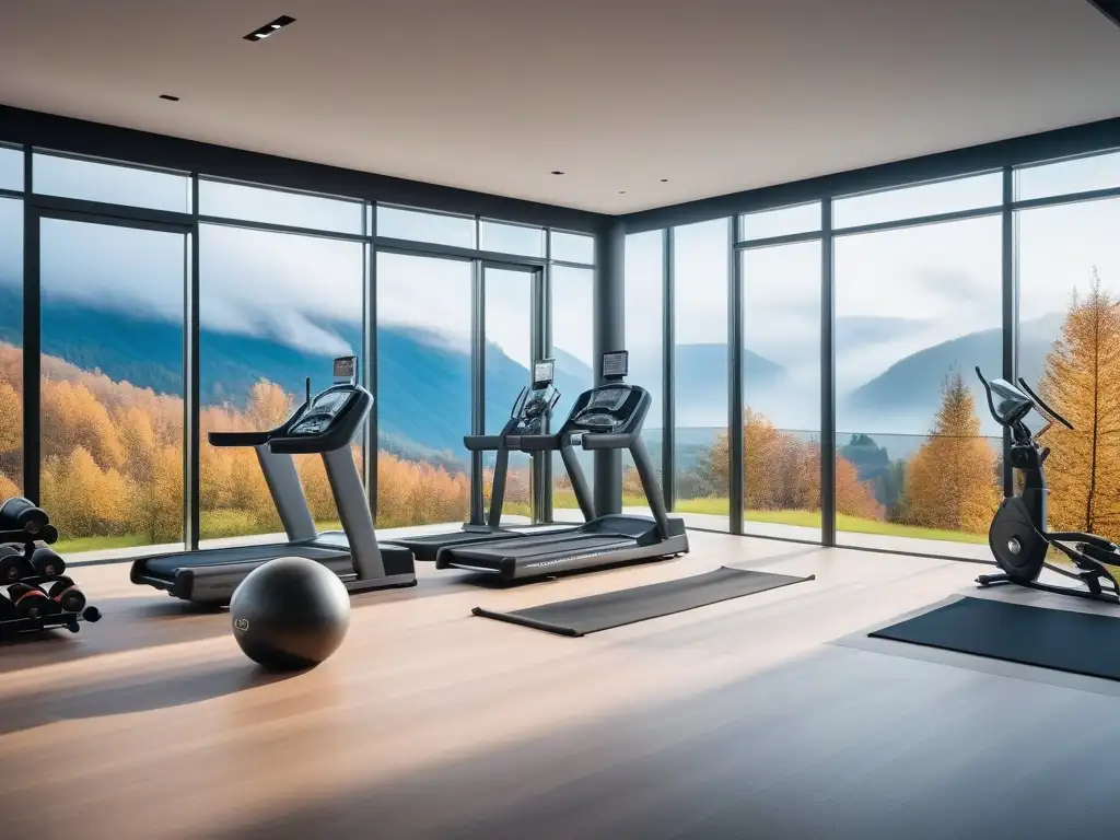 Gimnasio moderno con vista a montañas Espacio fitness de lujo en casa con vistas a la montaña y equipamiento moderno