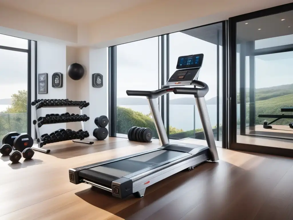 Gimnasio de lujo con equipamiento ergonómico y moderno Espacio fitness de lujo con equipamiento ergonómico de alta importancia en un entorno moderno y luminoso