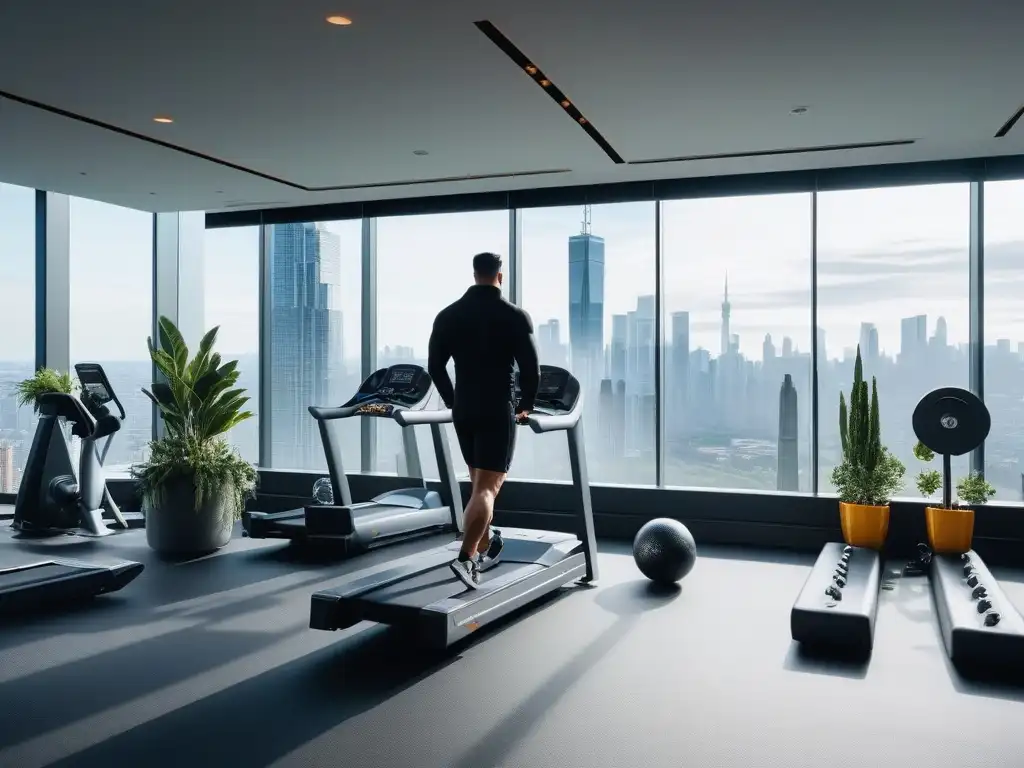 Fitness de lujo con vistas panorámicas y equipamiento de alta gama Espacio fitness de lujo con equipamiento ergonómico y elegante, bañado en luz natural y con vista urbana impresionante