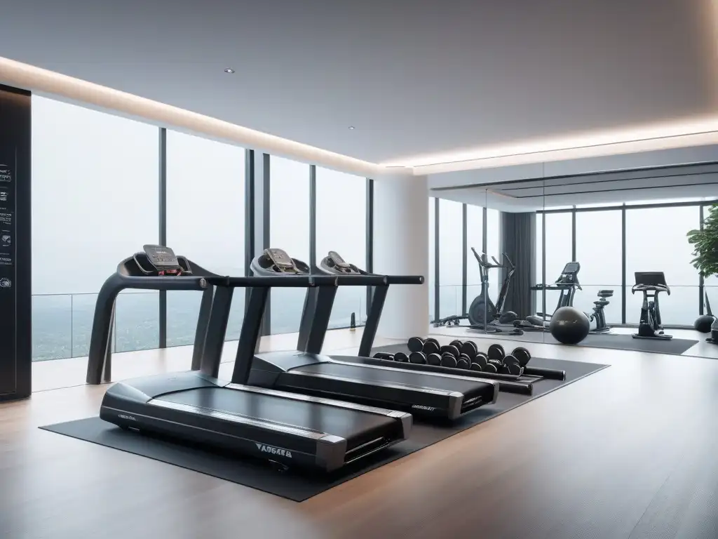 Gimnasio de lujo: diseño moderno y equipamiento de alta gama Espacio fitness de lujo con equipamiento ergonómico y elegante, transmitiendo sofisticación