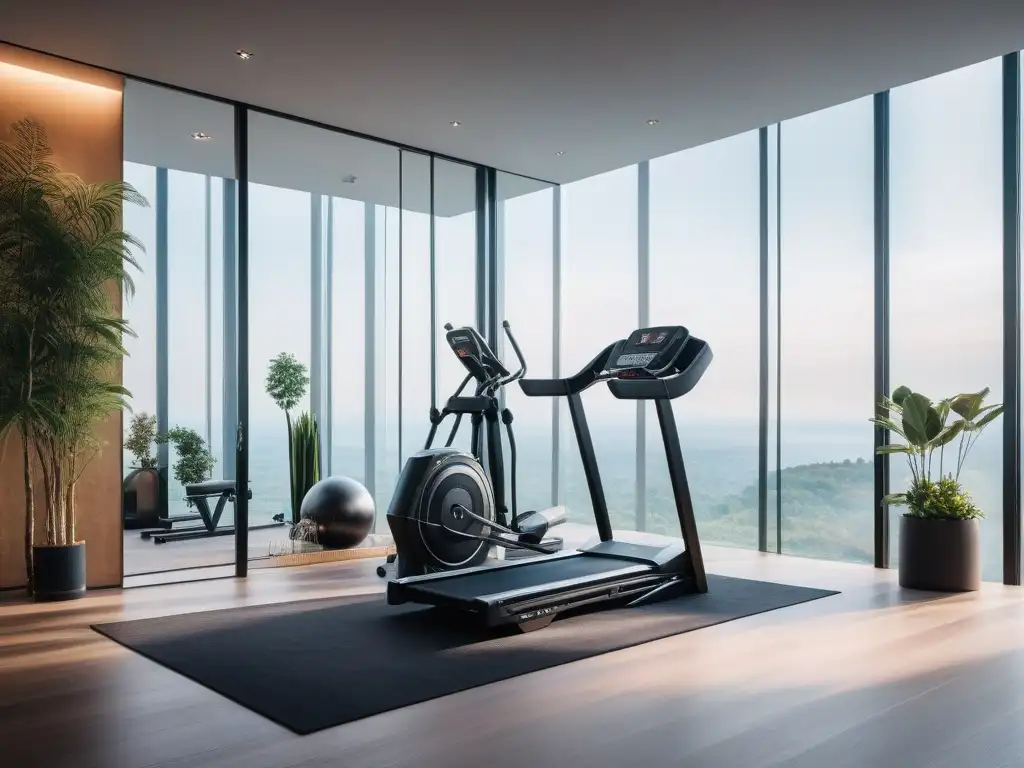 Gimnasio de lujo con tecnología y diseño elegante Espacio fitness de lujo con equipamiento a medida, tecnología avanzada y elegantes detalles de diseño en un ambiente aspiracional y acogedor