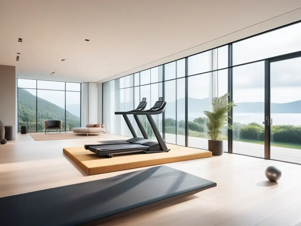 Gimnasio de lujo con equipamiento moderno y vistas panorámicas Espacio fitness de lujo con equipamiento de vanguardia y vistas panorámicas