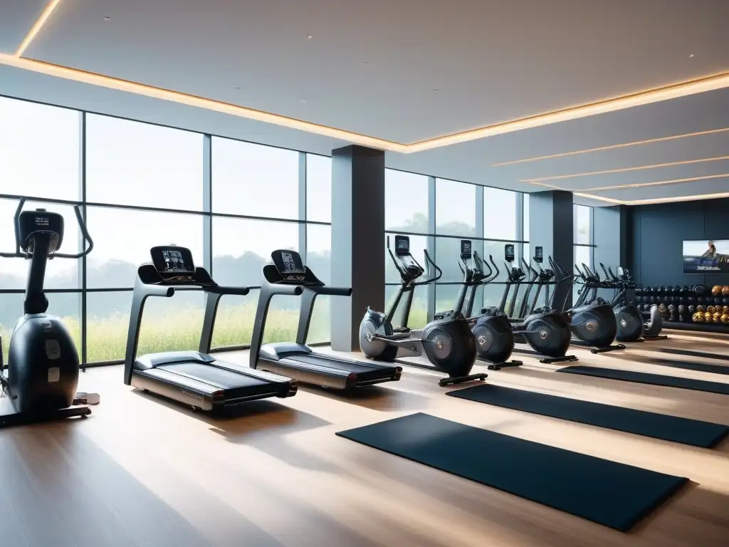 Gimnasio de lujo para adultos mayores: tecnología y elegancia Espacio fitness de lujo para la tercera edad con equipamiento moderno y ambiente inclusivo iluminado por luz natural