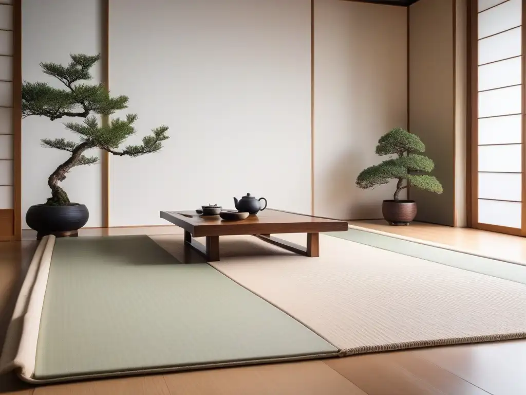 Diseño japonés: tatami room fusiona tradición y modernidad Un espacio minimalista japonés con mobiliario de diseño global exclusivo, tatamis y un bonsái como punto focal
